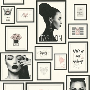Bricoflor Jugendzimmer Tapete mit Bilderrahmen, Mode Motive in Schwarz-Weiß für Mädchen.
