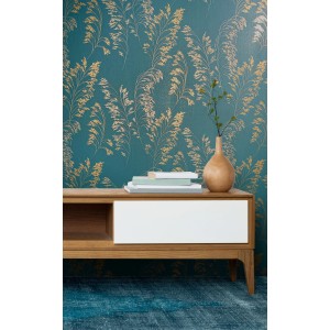 Marburg Vliestapete Floral Modern Blau mit goldenem Gräser-Muster.