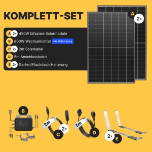 Solakon Balkonkraftwerk Komplettset: 2 Solarmodule, 800W Wechselrichter, Kabel und Gartenhalterung übersichtlich dargestellt.