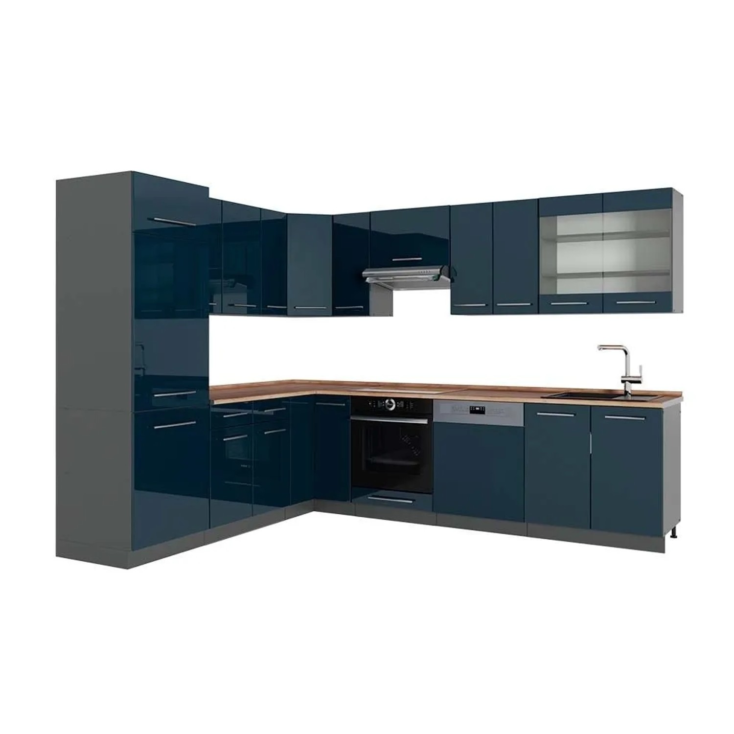 Vicco Eckküche Fame-Line Dunkelblau Hochglanz/Anthrazit 287 x 82, AP Eiche