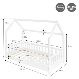 Weißes ML-Design Kinderbett 80x160 cm mit Rausfallschutz und Dachrahmen.
