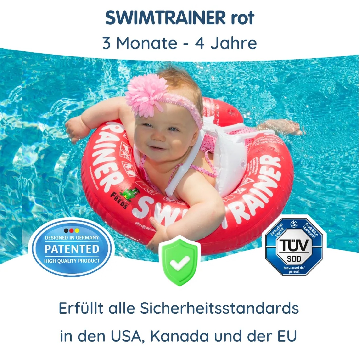 Baby mit rotem Freds Swim Academy Schwimmreifen im Wasser. Schwimmhilfe für Kinder von 3 Monaten bis 4 Jahren.