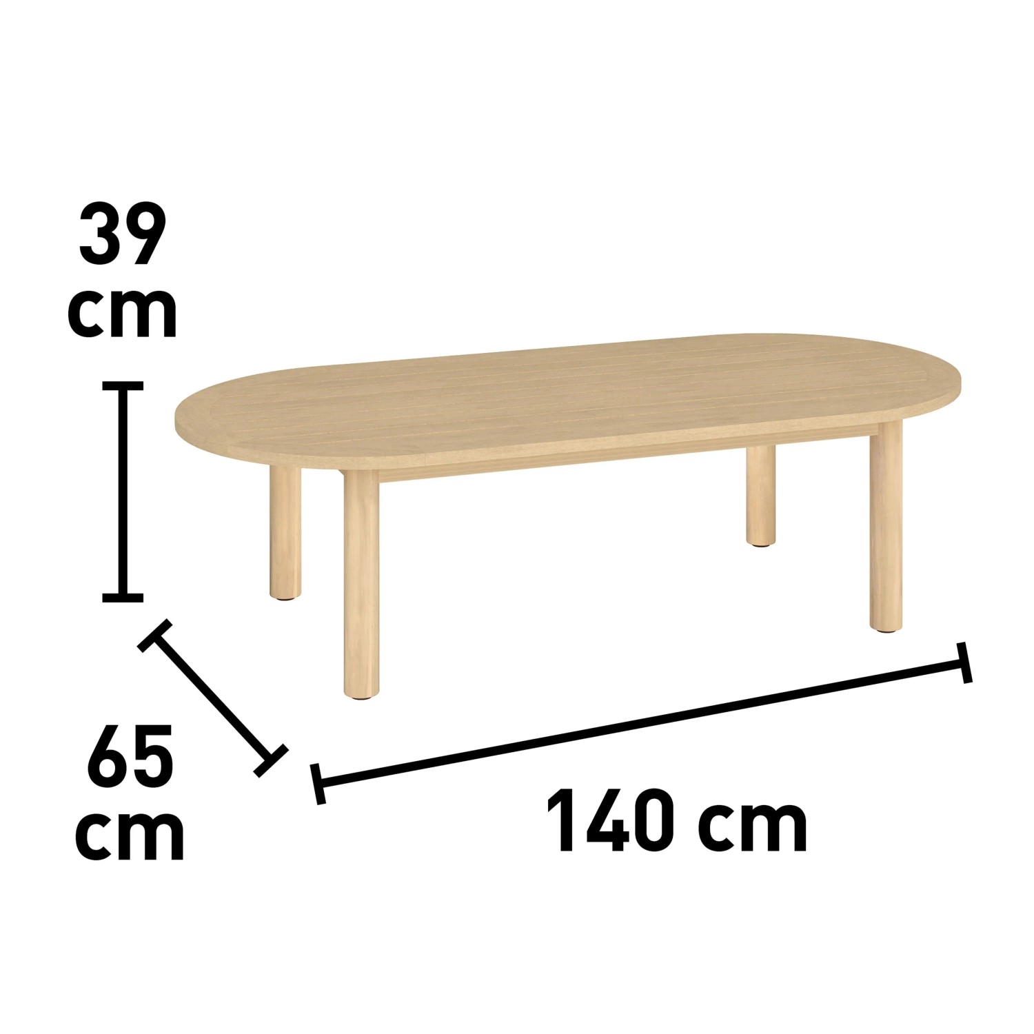 Abbildung des Lounge-Tisches der modularen Gartenlounge Waldport aus Akazienholz mit Maßangaben.