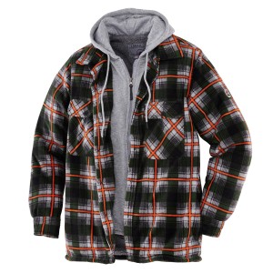 Terrax Workwear Thermohemd mit Kapuze, Forstgrün-Orange, kariert. Arbeitskleidung für Herren.