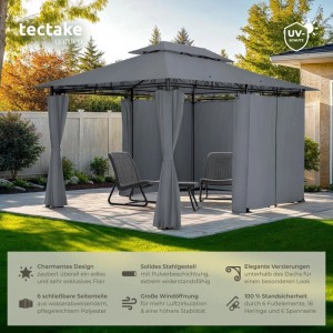 Anthrazitfarbener Tectake Gartenpavillon 4x3 m mit Seitenteilen und zwei Stühlen.