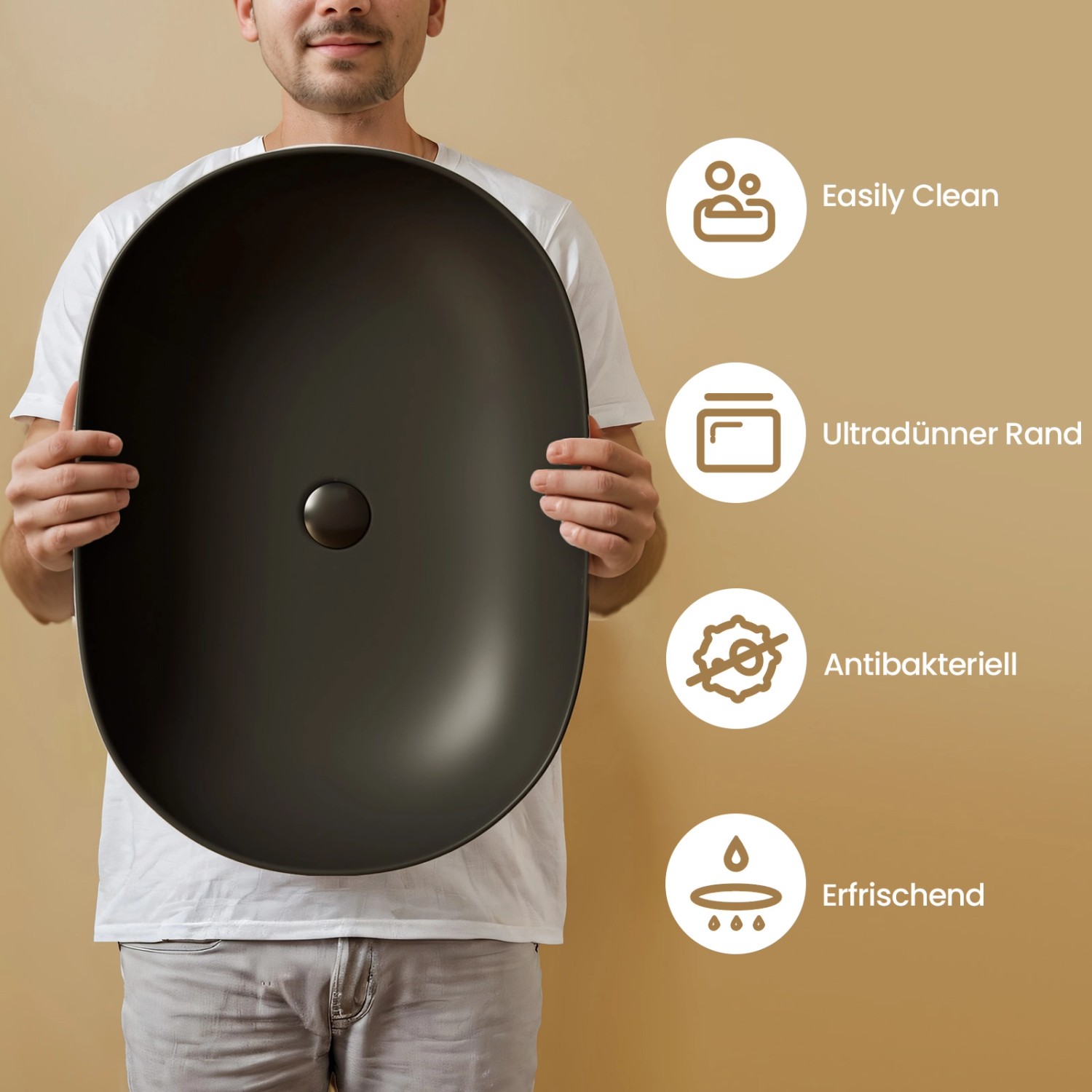 Emke Aufsatzwaschbecken, 60cm, mattschwarz, abgerundetes Rechteck. Keramikwaschbecken für moderne Bäder.