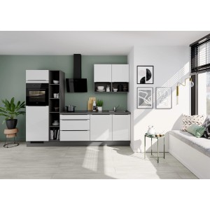 Moderne, vormontierte Küchenzeile IKZ12807O von Impuls Küchen in Weiß mit E-Geräten.