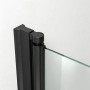 Aquabatos Dusch-Falttür: Detail des schwarzen Aluminiumprofils und des Scharniers mit Klarglas. Robuste Duschabtrennung.