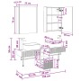Maßzeichnung des vidaXL Badezimmerschrank-Sets. Zeigt 2 Spiegelschränke, 2 Waschbeckenunterschränke und einen Schrank mit Abmessungen.