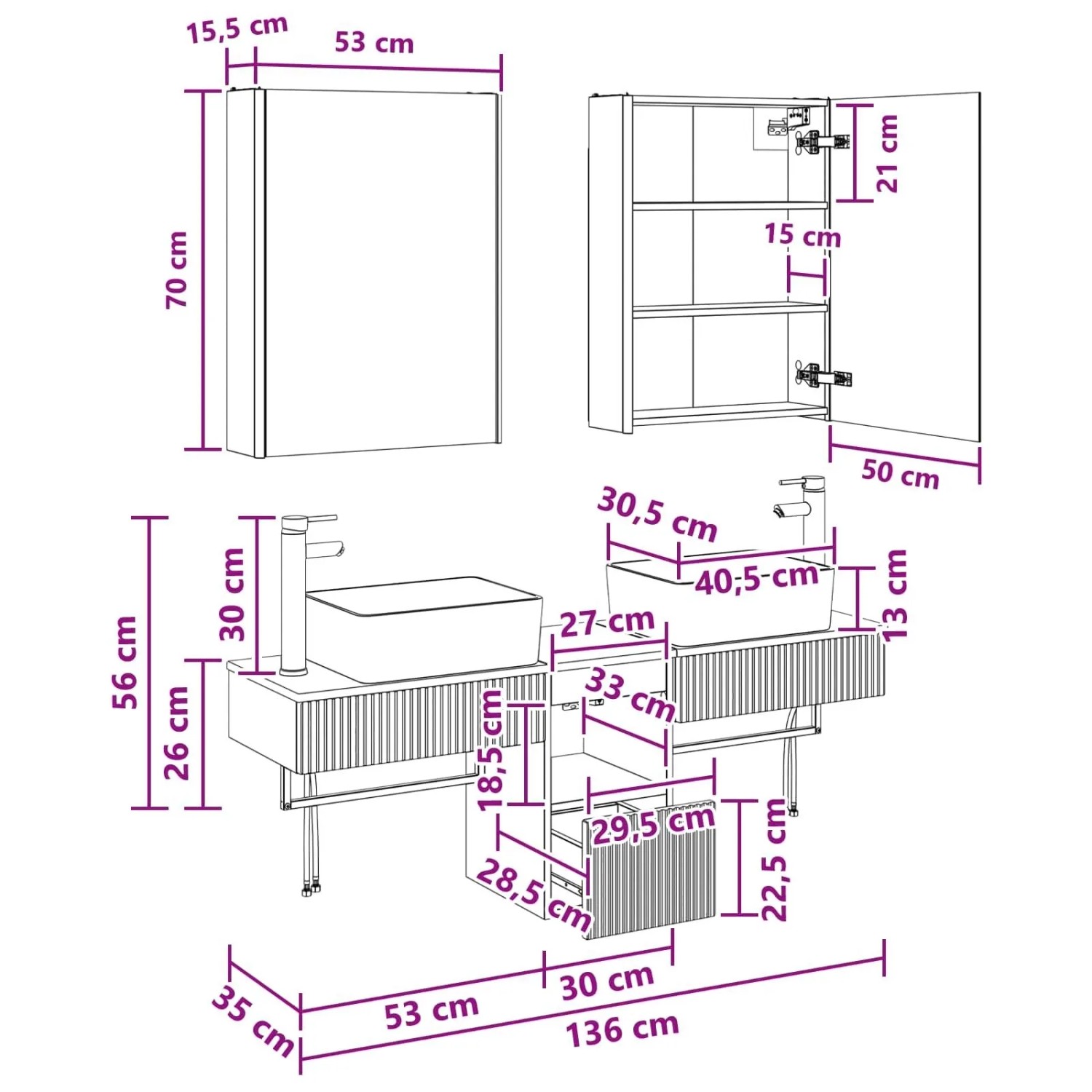 Maßzeichnung des vidaXL Badezimmerschrank-Sets. Zeigt 2 Spiegelschränke, 2 Waschbeckenunterschränke und einen Schrank mit Abmessungen.