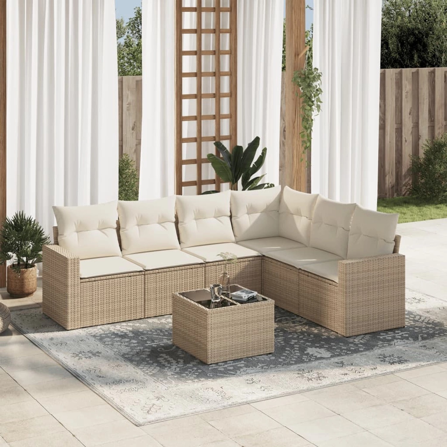 Beige 7-tlg. vidaXL Garten-Sofagarnitur aus Poly Rattan mit Kissen und Tisch.