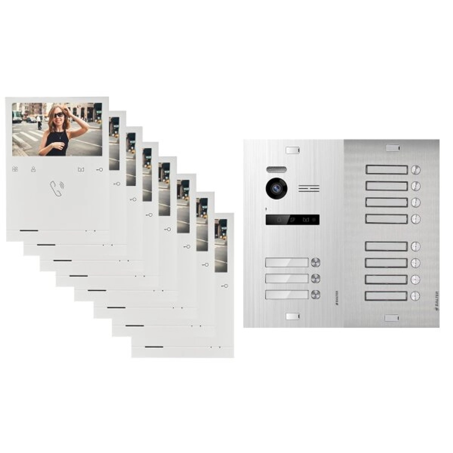 Balter Evo Quick Video Türsprechanlage für 11 Familienhaus mit 11x 4,3 Zoll Monitor 2-Draht Bus Silber