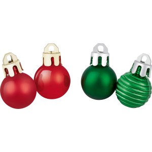 30 rote und grüne Weihnachtskugeln (Ø 2 cm) aus Kunststoff mit silber- und goldfarbenen Aufhängern.