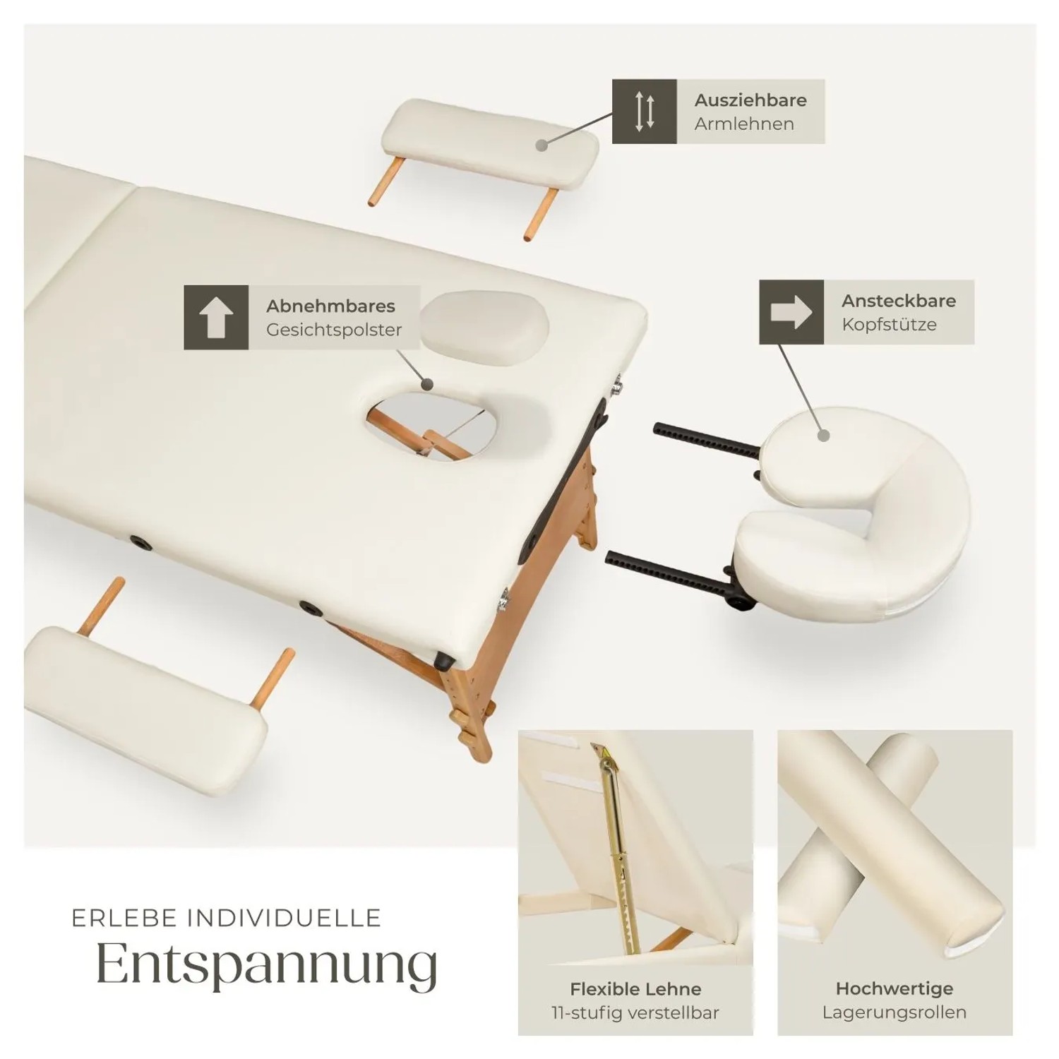 Tectake 3 Zonen Massageliege Set Daniel Breite 60 cm  Polsterung 3 cm Inklusive Lagerungsrollen und Tragetasche  210 x 95 x 84 cm Beige_3