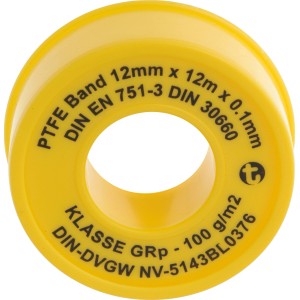 Gelbe Dichtbandrolle PTFE, 12 m, für Gewindeabdichtung im Sanitärbereich.