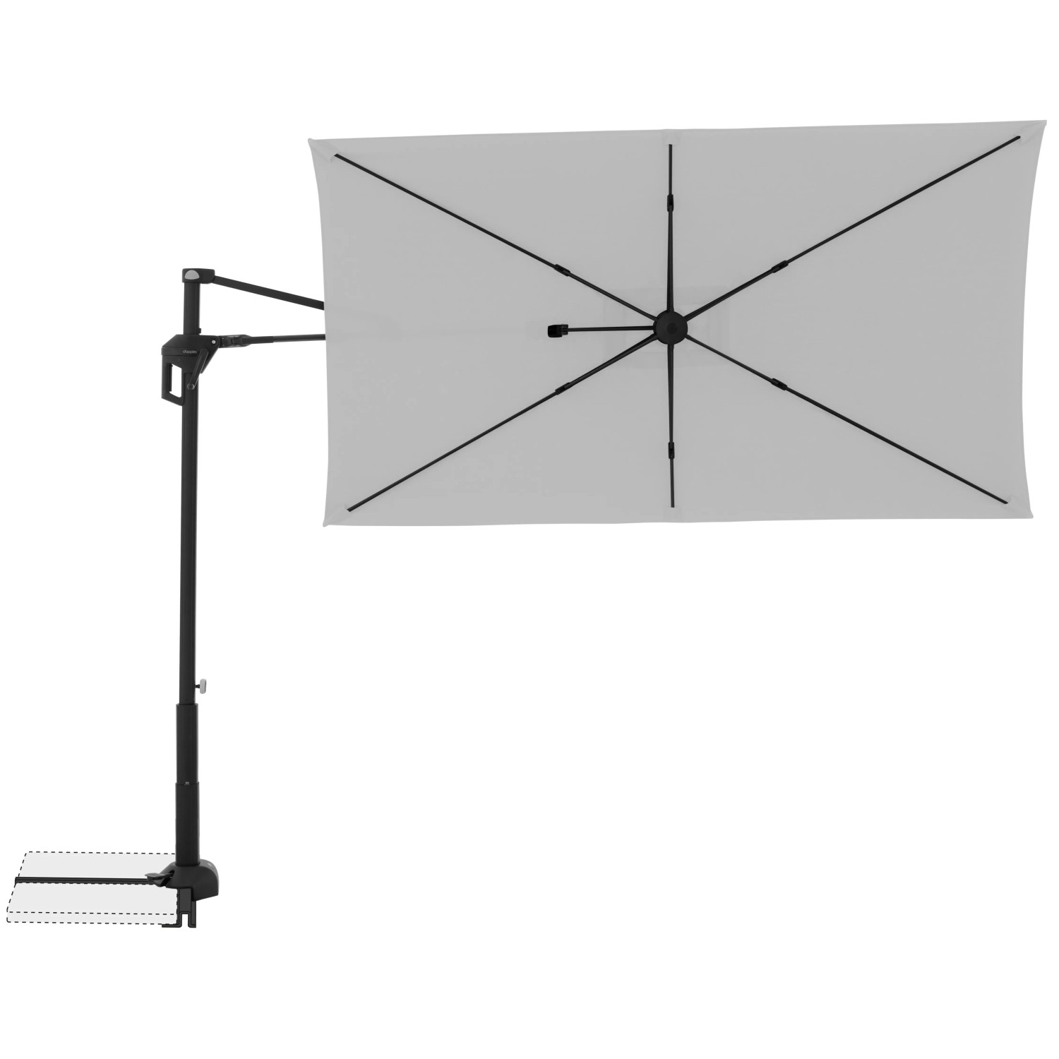 Hellgrauer, rechteckiger Doppler Ampelschirm (245x135 cm) mit Dreh- und Neigefunktion.