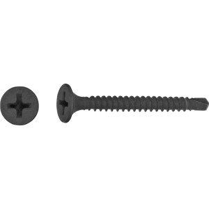 Schwarze Schnellbauschraube 3,5x25mm mit PH-Kreuzschlitz, Trompetenkopf, Vollgewinde und selbstbohrender Spitze.