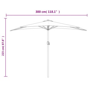 Skizze: Anthrazit Balkon-Sonnenschirm, halbrunde Form, 300x155 cm, mit Alu-Mast. Maße sind eingezeichnet.
