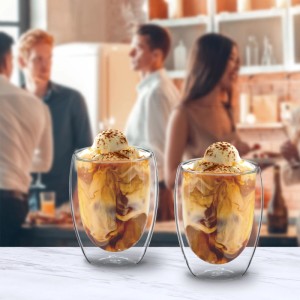 Doppelwandige Latte Macchiato Gläser, 6er Set, transparent, mit Kaffeespezialität und Eis.