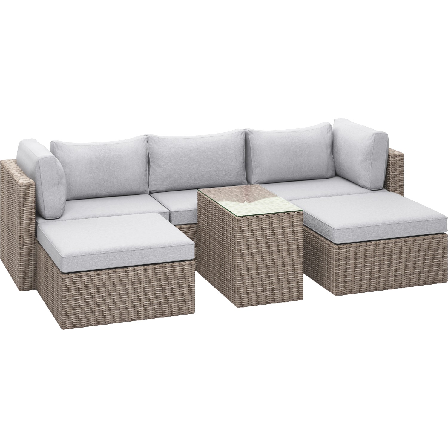Modulare Lounge-Gartenmöbel: Olea Polyrattan Sessel in Sand mit hellgrauen Kissen und Tisch.