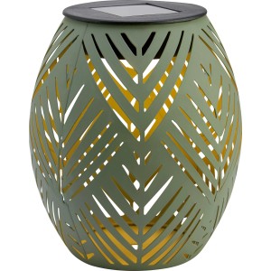 Khaki Solar-Tischleuchte mit Blattmuster, Ø 12,5 cm. Dekorative Gartenleuchte mit LED.