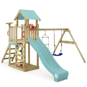 Wickey Spielturm MultiFlyer Light mit Rutsche in Pastellblau, Schaukel und Kletterwand.
