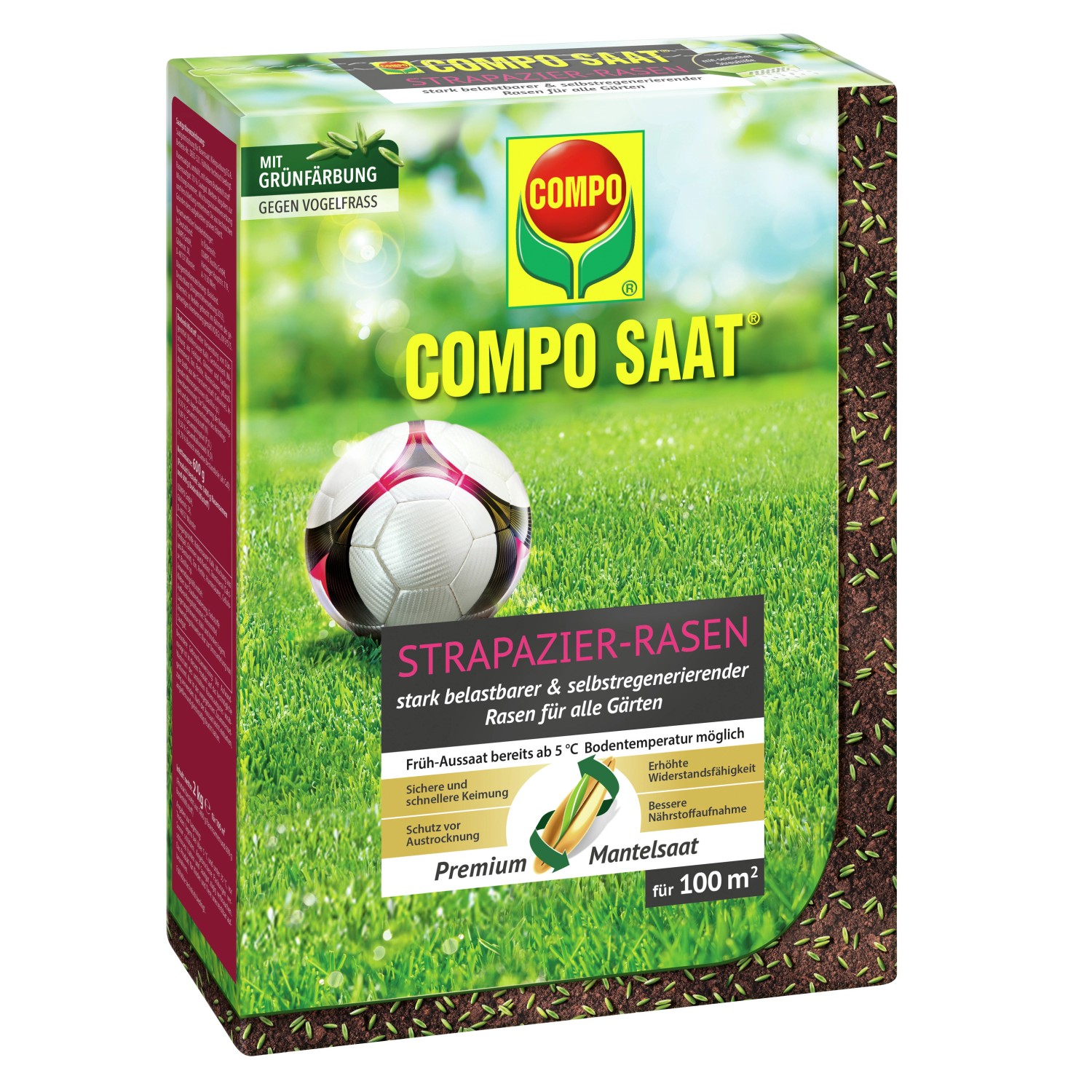 Compo Saat Strapazier-Rasen 2kg Packung mit Fußball-Motiv für robusten, strapazierfähigen Rasen.