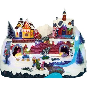 OBI Weihnachtsdorf Figur, mehrfarbig beleuchtet. Detailreiche Szene mit Häusern, Santa, Chor und fahrenden Autos im Schnee.