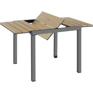 Ausziehbarer Gartentisch Inca aus Aluminium mit braunen Lamellen in Holzoptik. Ausziehfunktion sichtbar.
