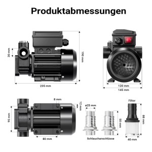 Wiltec Heizöl- und Dieselpumpe: Technische Zeichnung mit detaillierten Abmessungen der 230V/550W Pumpe, Schlauchanschlüssen und Filter.