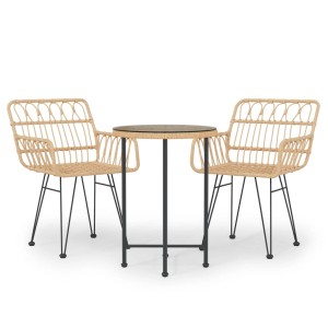 3-tlg. Garten-Essgruppe aus Poly Rattan mit Tisch und zwei Stühlen.