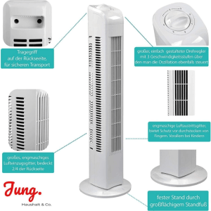 Weißer JUNG TV01 Turmventilator, 76cm hoch, schlankes Design, mit Drehregler, Oszillation, kindersicheren Gittern und Tragegriff.