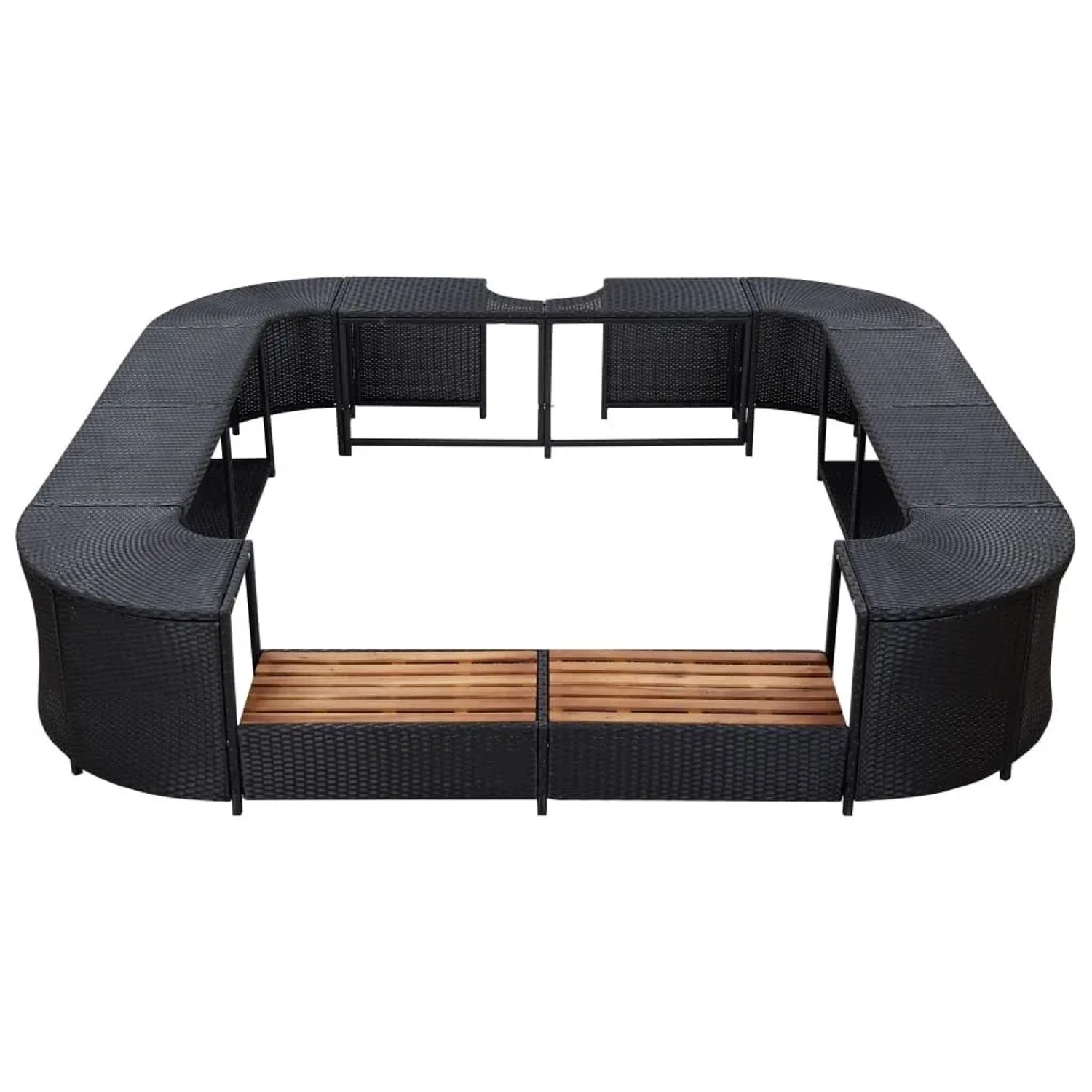 Quadratische, schwarze Whirlpool-Umrandung aus Poly Rattan mit Holzstufen. Zubehör für Pools.