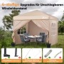Khaki Sekey Pop Up Pavillon 3x3 mit Seitenteilen, windstabil im Garten. Details zu verstärkten Fußpolstern, Erdnägeln, Seilen.