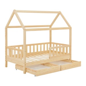 Juskys Kinderbett Marli 80x160 cm, Natur, mit Bettkasten und Lattenrost.