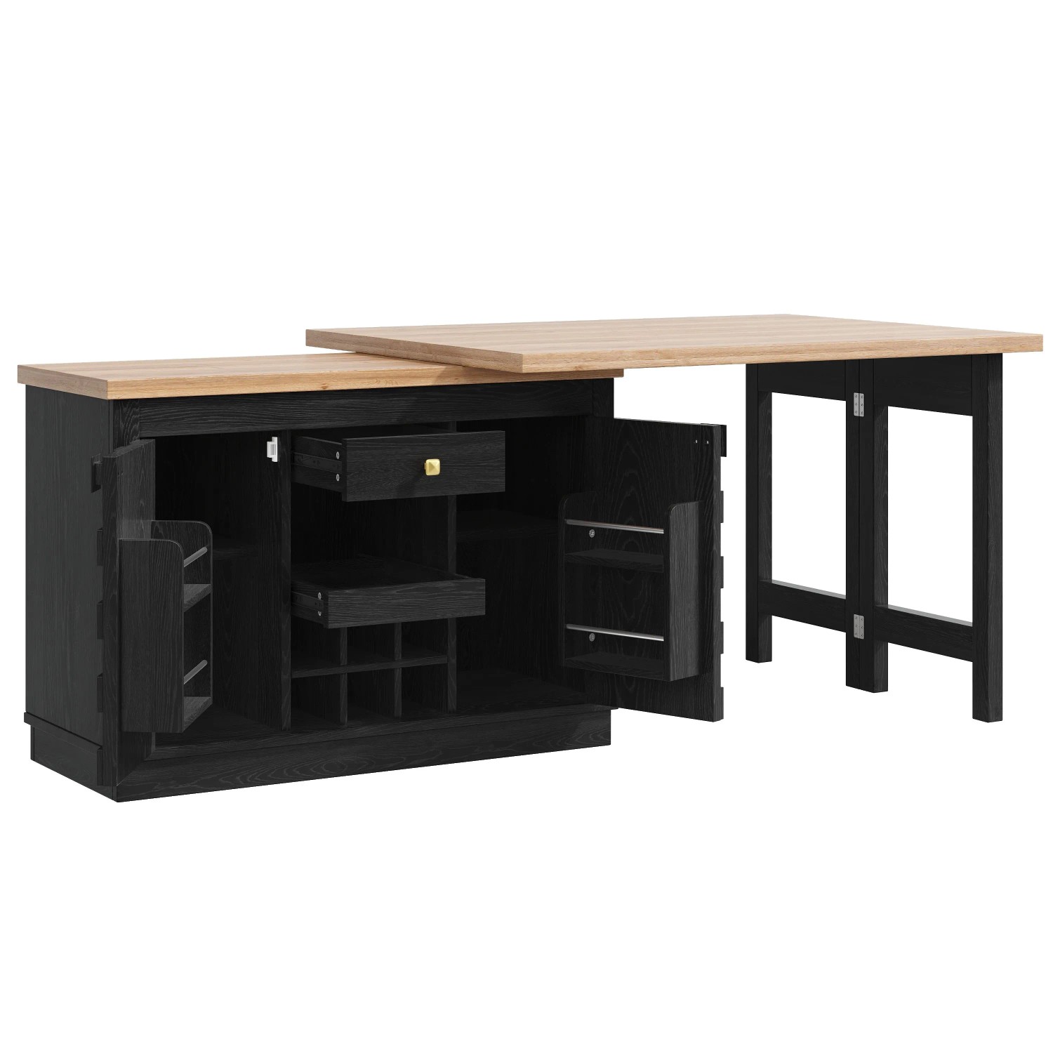 Merax 360° Drehbare Kücheninsel mit Seitenschrank  Patchwork-Türen  Weinregal  Schubladen 120-197cm