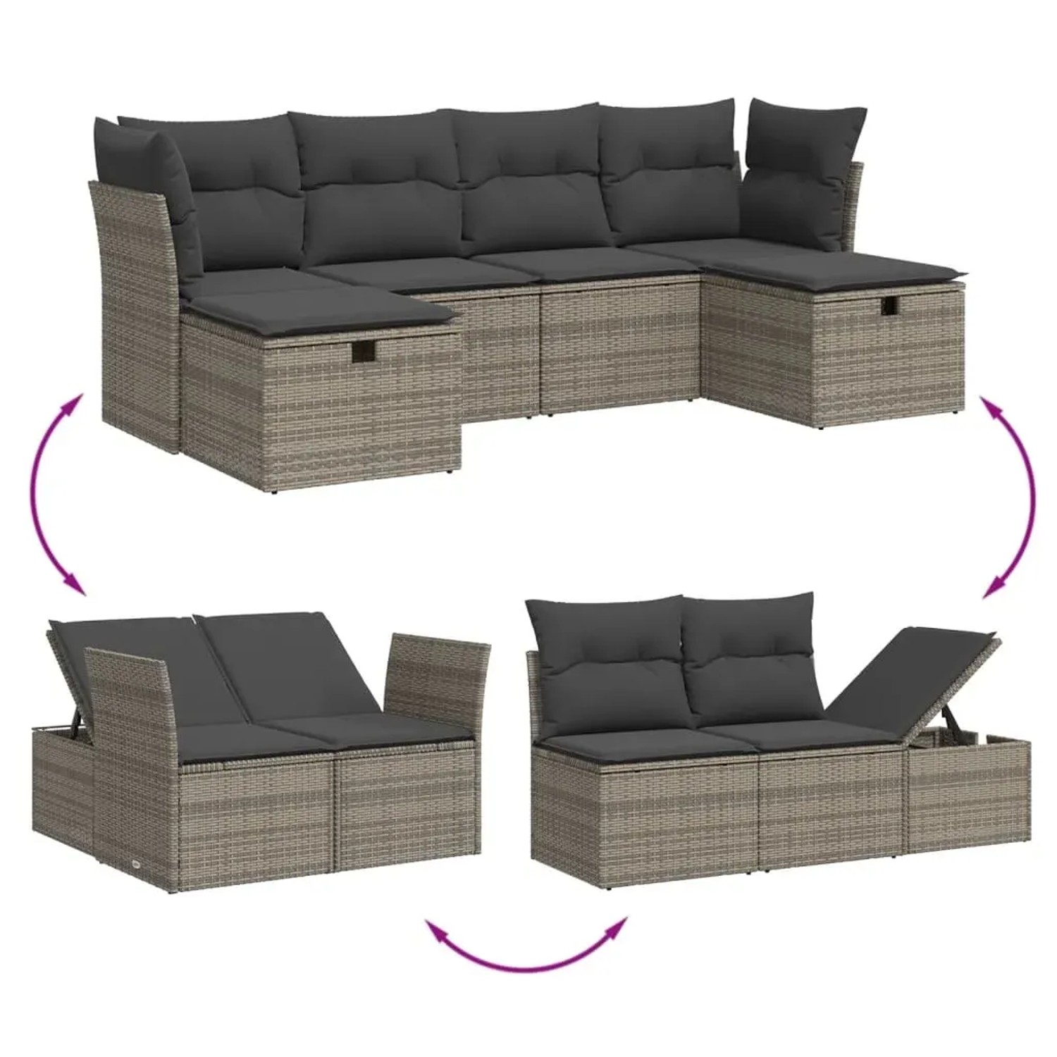 Graue 6-teilige Garten-Sofagarnitur aus Polyrattan mit Kissen. Modulare Gartenmöbel für Terrasse und Garten.