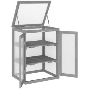 Outsunny Gewächshaus aus Tannenholz, dunkelgrau, mit geöffneter Tür und Dach, zwei Regalböden.