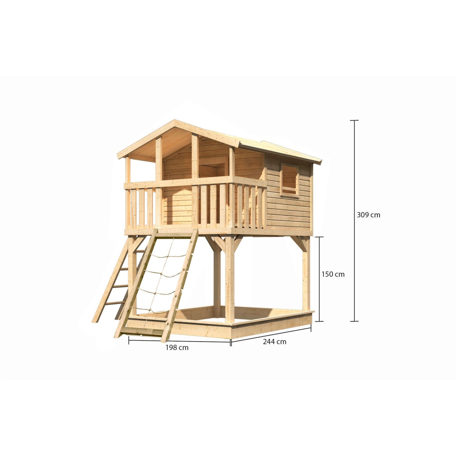 Karibu Stelzenhaus Benjamin mit Netzrampe und Sandkasten, naturbelassen.