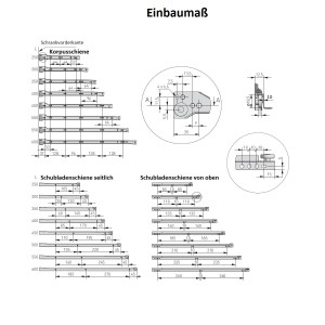 Technische Zeichnung MS Beschläge Rollenführung 400 mm Schubladenschiene mit Einbaumaßen.