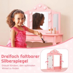 Costway 2 In 1 Kinder Schminktisch mit Led & Klappbarem Spiegel Rosa