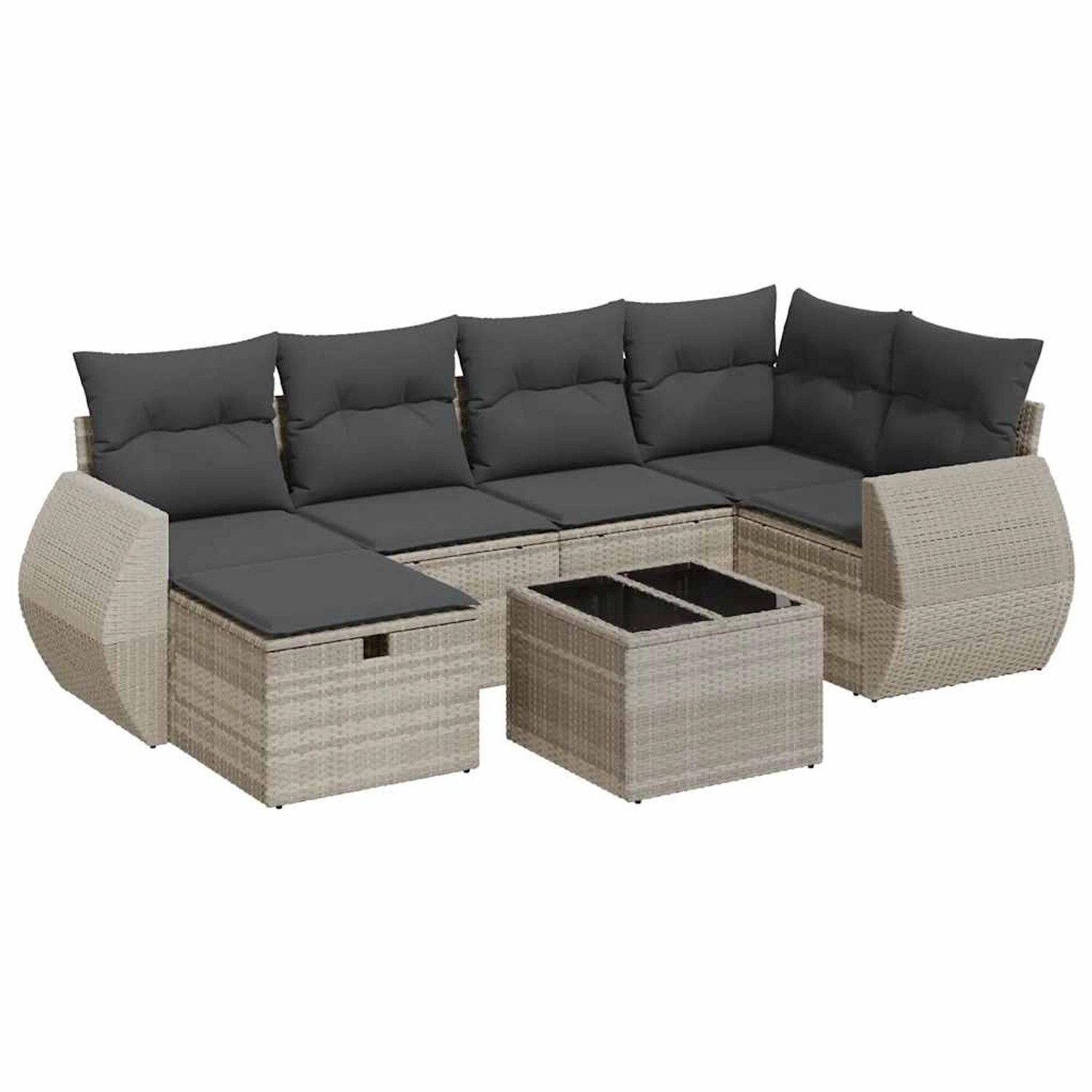 vidaXL 7-Tlg Garten-Sofagarnitur mit Kissen Hellgrau Poly Rattan 3325598