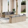 Beige 8-tlg. Garten Sofagarnitur aus Poly Rattan mit grauen Kissen.
