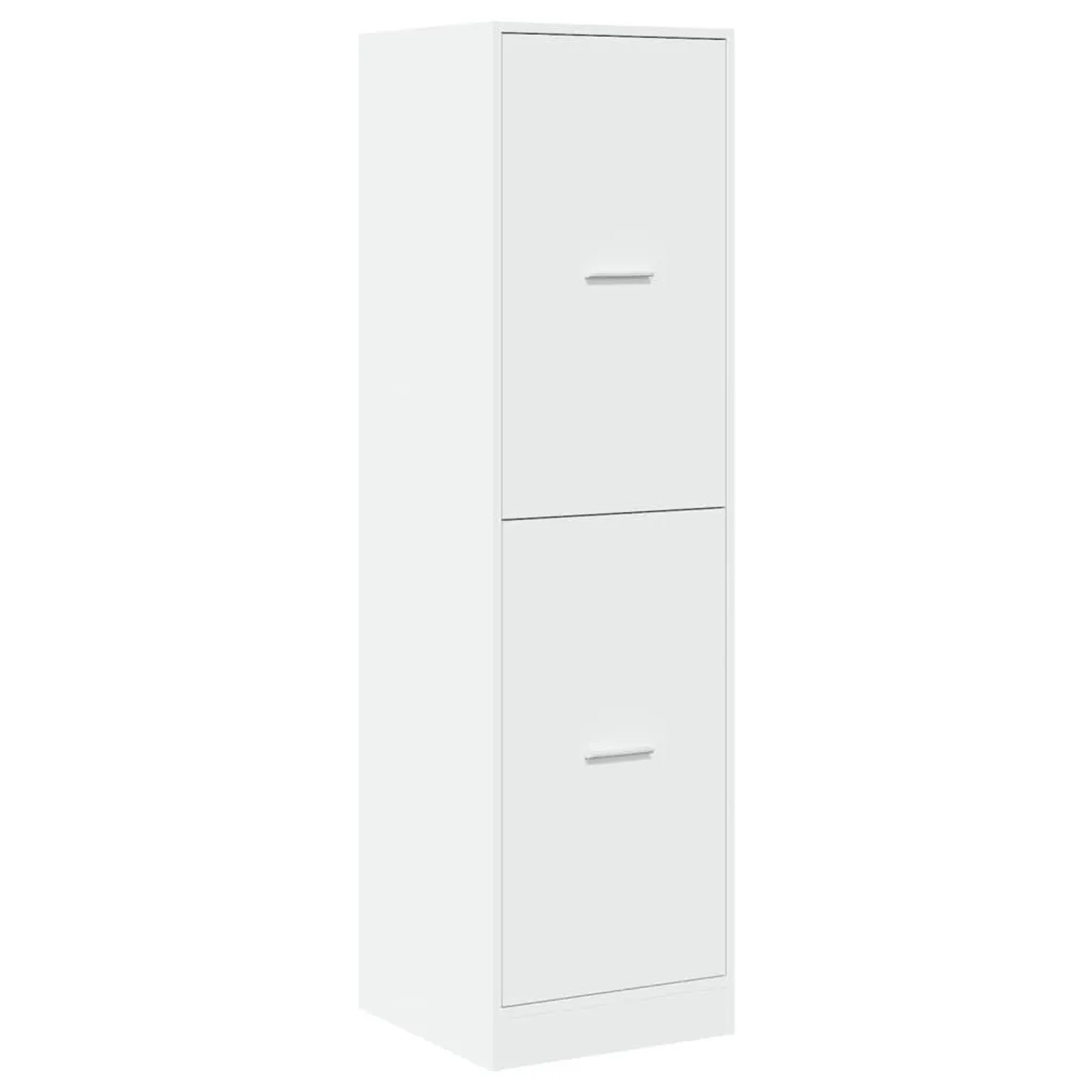 Weißer Apothekerschrank aus Holzwerkstoff, schmal, mit zwei großen Auszügen und Griffen. Für Wohnzimmer.