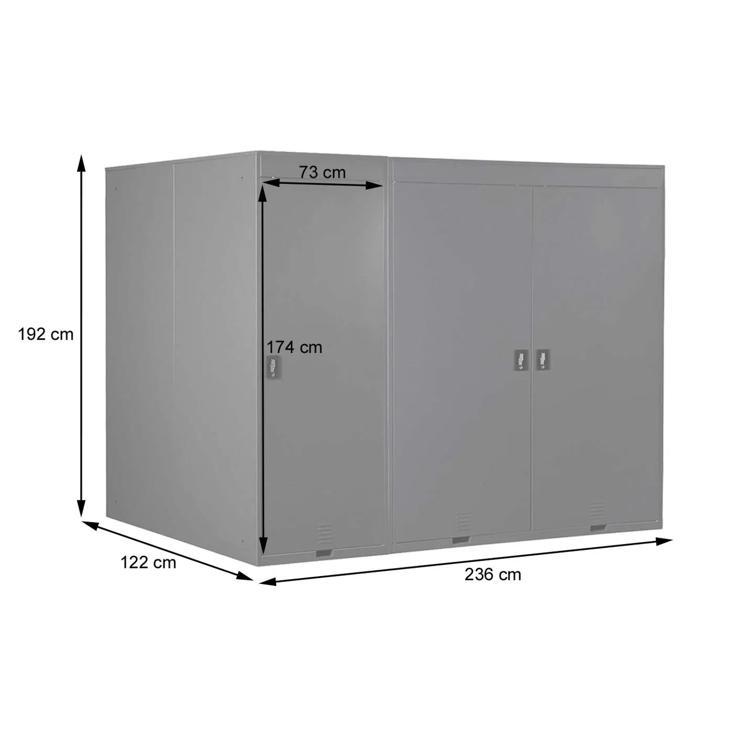 Helle, abschließbare MCW Fahrradgarage H66 für 3 Fahrräder, erweiterbar, aus Metall mit Maßangaben.