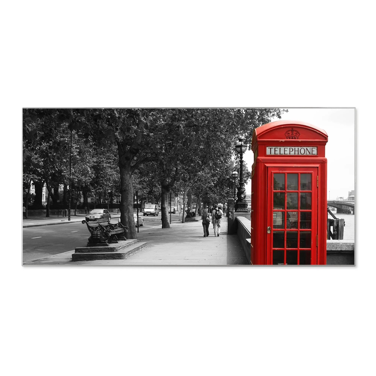 Magnettafel mit London Motiv: Rote Telefonzelle auf silberner Magnetwand, 78x37cm.