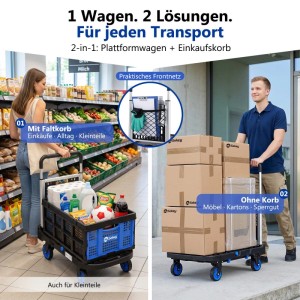 Sekey Transportwagen Plattformwagen Klappbar Handgriff mit Abnehmbarem Einkaufskorb 2-in-1 360 Grad Lenkrollen 3-fach Höhenverstellbarer Griff