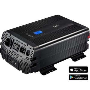 Schwarzer AEG Spannungswandler Sinus 1500 W für Auto, Boot & Camping mit Display und Bedieneinheit.