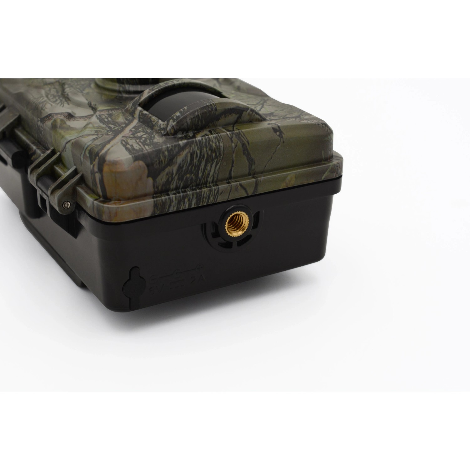 Technaxx Wildtierkamera TX-256 im Detail, Gehäuse mit Tarnmuster und Stativgewinde.