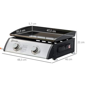 Kompakter Outsunny Gasgrill mit 2 Brennern, silbernem Stahlgehäuse und schwarzer emaillierter Grillplatte.